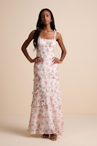 Remiette Cream Floral Ruffled Empire Waist Maxi Dress 1