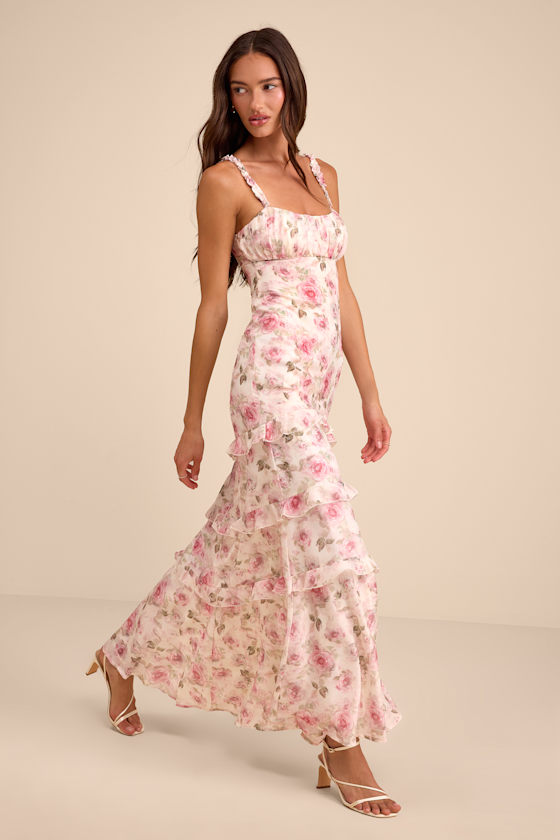 Cream Floral Dress - Empire Waist Maxi Dress - Ruffled Maxi Dress - Image 4