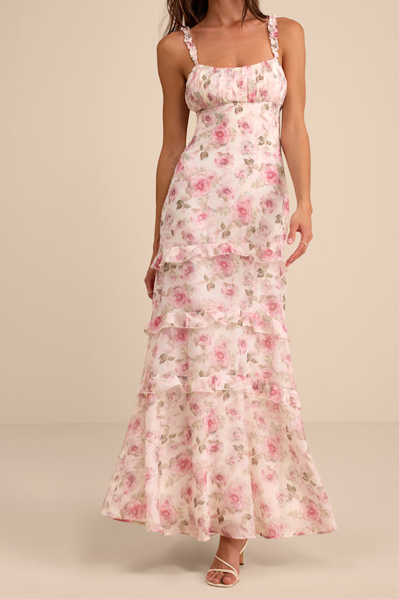 Cream Floral Dress - Empire Waist Maxi Dress - Ruffled Maxi Dress - Image 5
