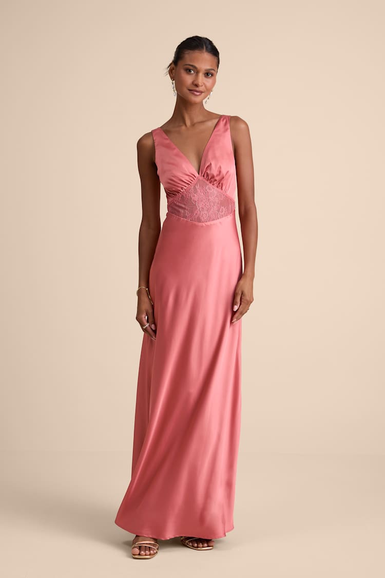 Pink Toulouse Rusty Rose Satin Lace Maxi Dress | Womens | Medium (Available in XS, S, L, XL) | 100% Polyester | Lulus