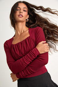 Bloom Heart Wine Red Gathered Long Sleeve Top 1