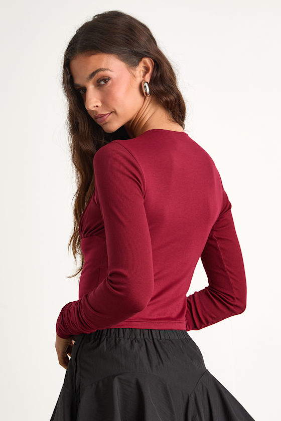 Bloom Heart Wine Red Gathered Long Sleeve Top 2