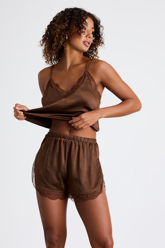 Sweet Nights Brown Satin Lace Two-Piece Pajama Set 1