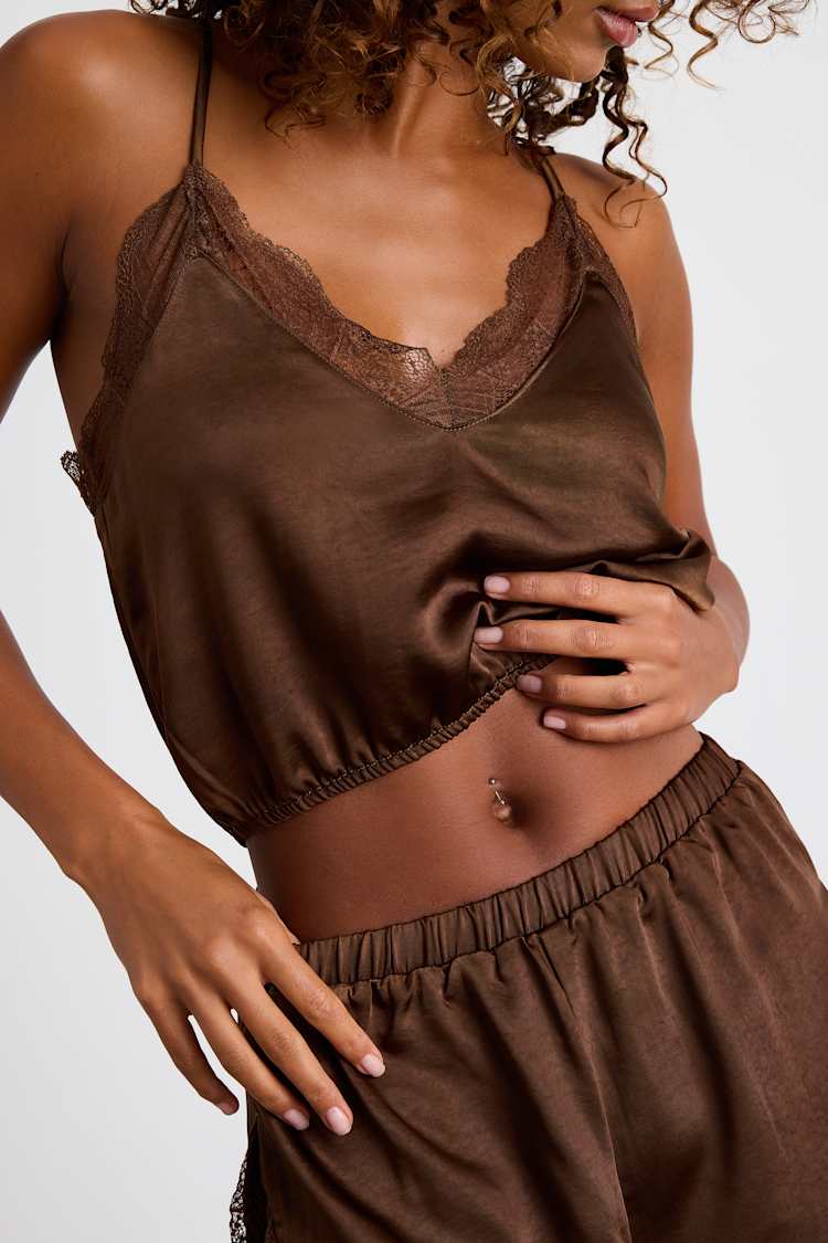 Sweet Nights Brown Satin Lace Two-Piece Pajama Set