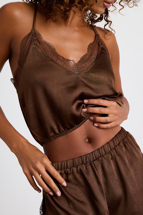 Sweet Nights Brown Satin Lace Two-Piece Pajama Set 2