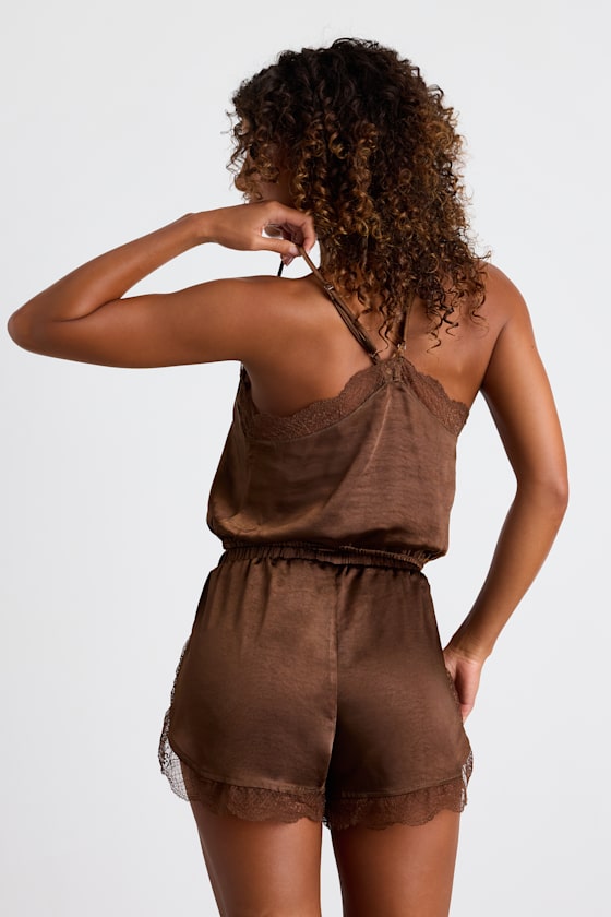 Brown Pajama Set - Two-Piece Satin Pajama Set - Lace PJ Set - Image 5