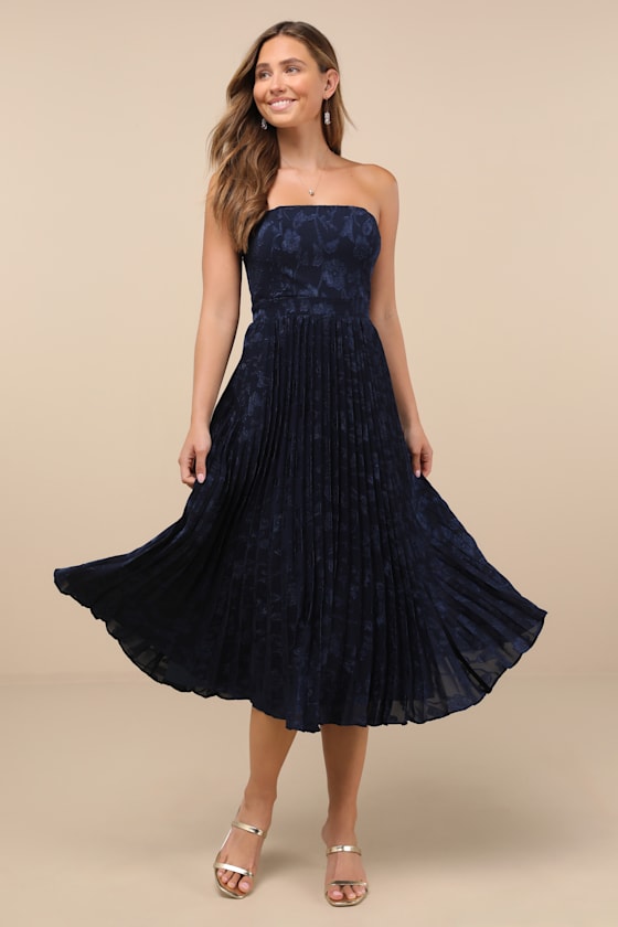 Perfectly Stunning Navy Jacquard Strapless Midi Dress 2