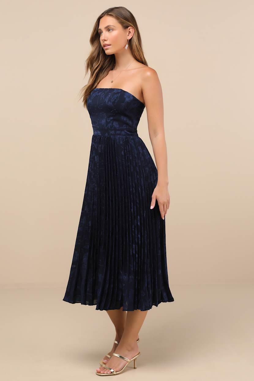 evening of elegance navy blue floral jacquard wrap midi dress Evening of Elegance Navy Blue Floral Jacquard Wrap Midi Dress
