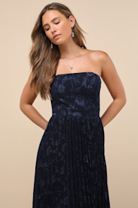 Perfectly Stunning Navy Jacquard Strapless Midi Dress 8