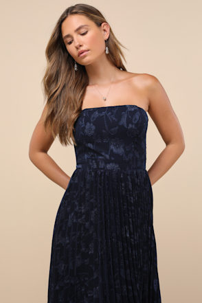 evening of elegance navy blue floral jacquard wrap midi dress Cute Navy Blue Dress - Wrap Midi Dress - Long Sleeve Wrap Dress