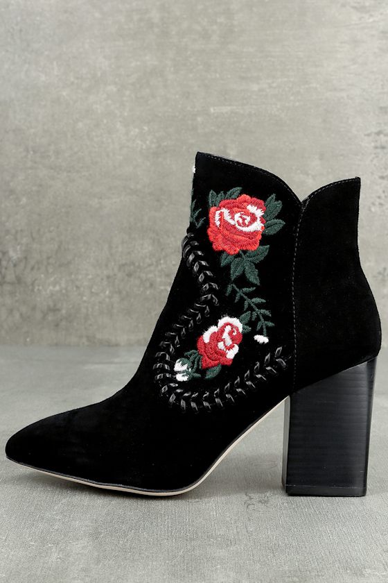 Silent D Manda Black Suede Leather Embroidered Ankle Booties 1