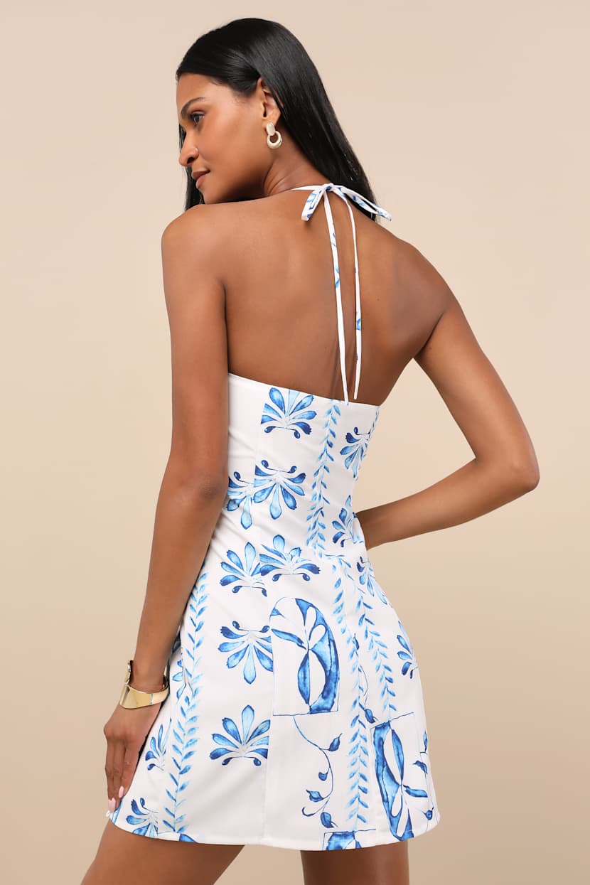 Lulus | Ivory and Blue Tile Print Halter Mini Dress | Womens | Large (Available in XL) | 100% Polyester