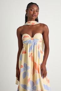 Kelia Light Yellow Leaf Print Midi Dress and Scarf Set 1