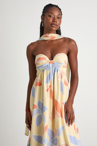 Kelia Light Yellow Leaf Print Midi Dress and Scarf Set 1