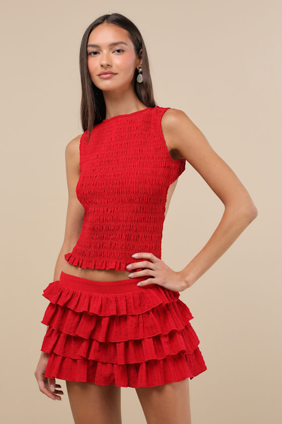Red Swiss Dot Mini Dress - Two-Piece Mini Dress - Tiered