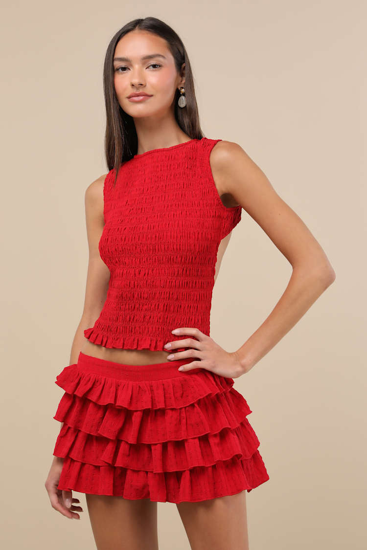 Izzy Red Smocked Tiered Two-Piece Mini Dress