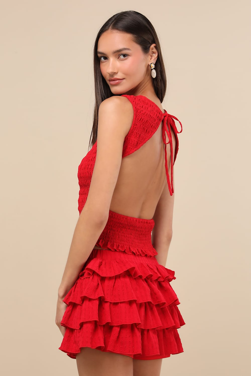 Izzy Red Smocked Tiered Two-Piece Mini Dress