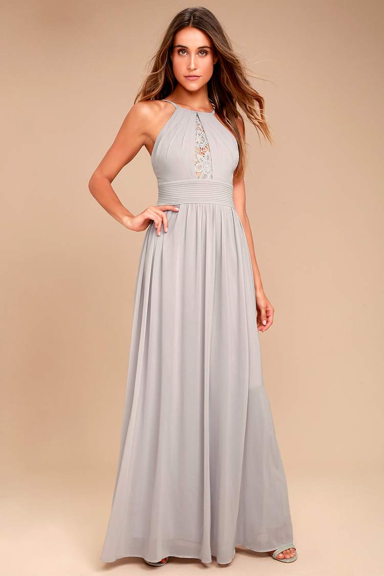 knee length dresses for ladies Elegant V Neck Open Back Split Light Grey Long Prom Dress PG751 US0 / Gray