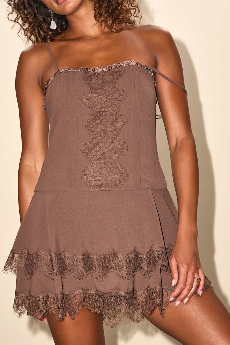 Sahima Brown Lace Tiered Mini Dress