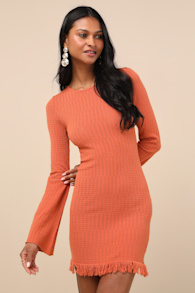 Sabi Orange Pointelle Knit Long Sleeve Mini Dress 1