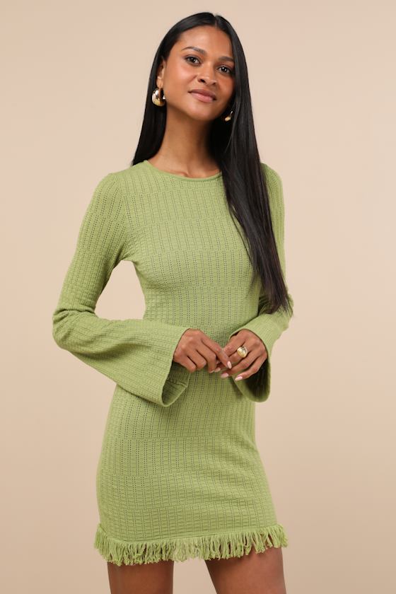 Lime Green Pointelle Knit Dress - Fringe Hem Dress - Green Dress