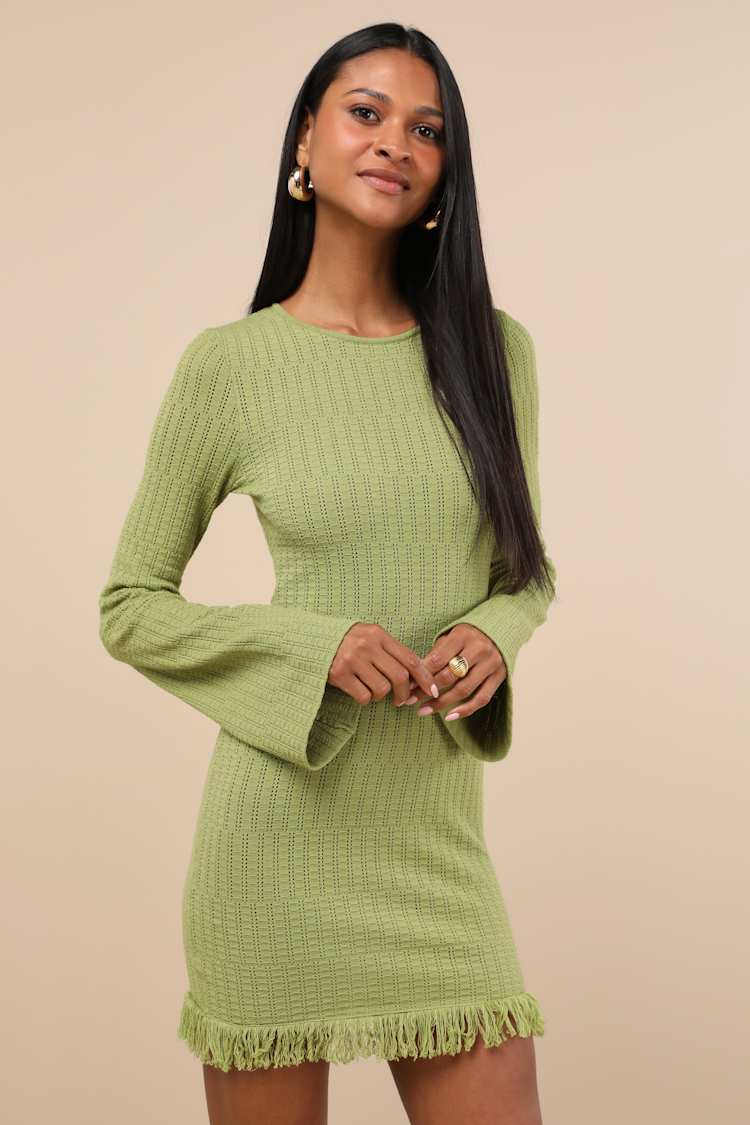 Sabi Lime Green Pointelle Knit Long Sleeve Mini Dress