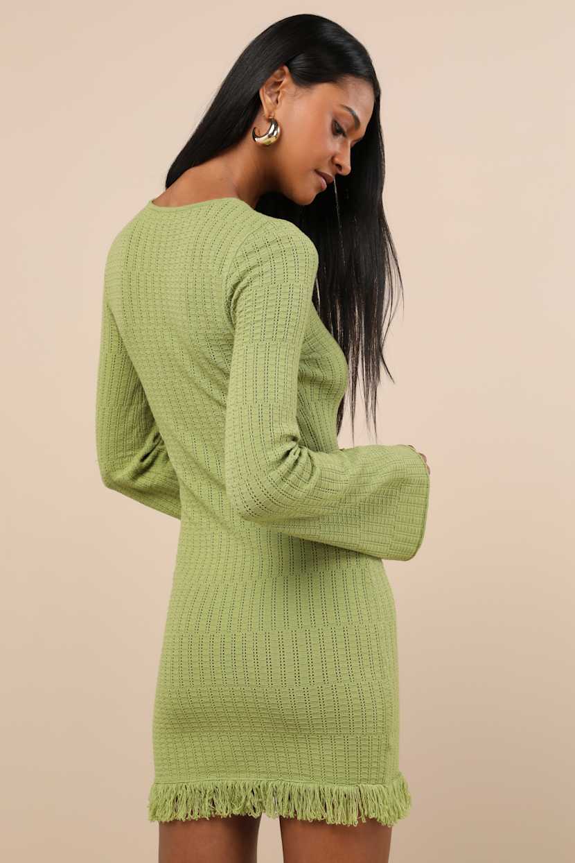 Sabi Lime Green Pointelle Knit Long Sleeve Mini Dress
