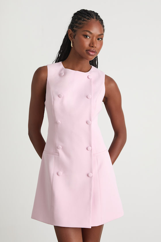 Adelie Light Pink Double Breasted Sleeveless Mini Dress Adelie Light Pink Double Breasted Sleeveless Mini Dress