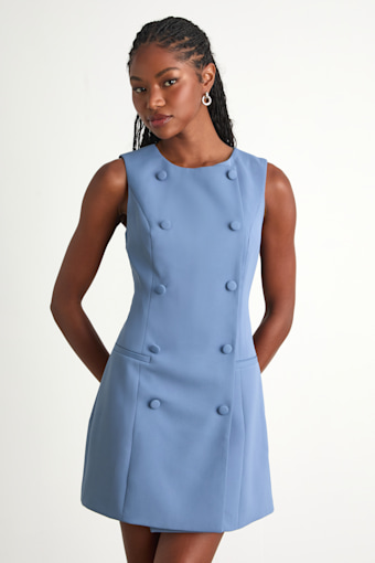 Adelie Dusty Blue Double Breasted Sleeveless Mini Dress 1