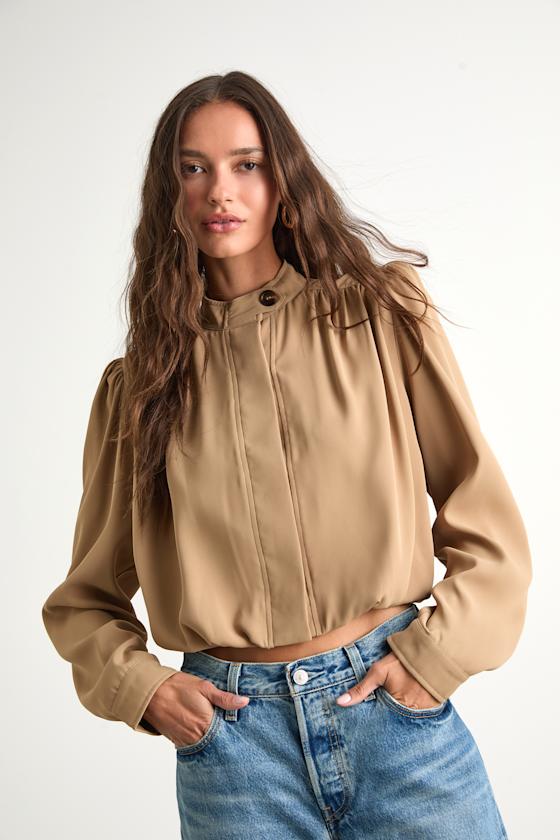Lulus Melanya Tan Puff Sleeve Cropped Bubble-hem Jacket In Brown