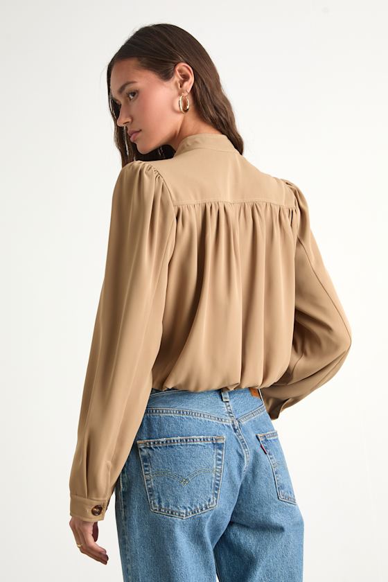 Lulus Melanya Tan Puff Sleeve Cropped Bubble-hem Jacket In Brown