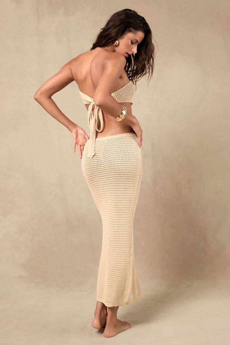 Nevrah Beige Crochet Strapless O-Ring Swim Cover-Up Dress