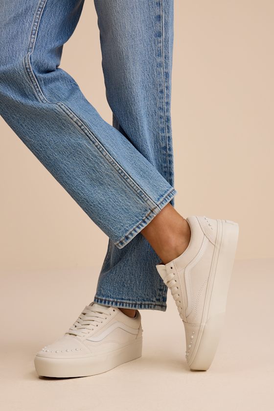 Vans Girls White Old Skool Pearls Marshmallow Platform Suede Sneakers Size 5.5 Kids