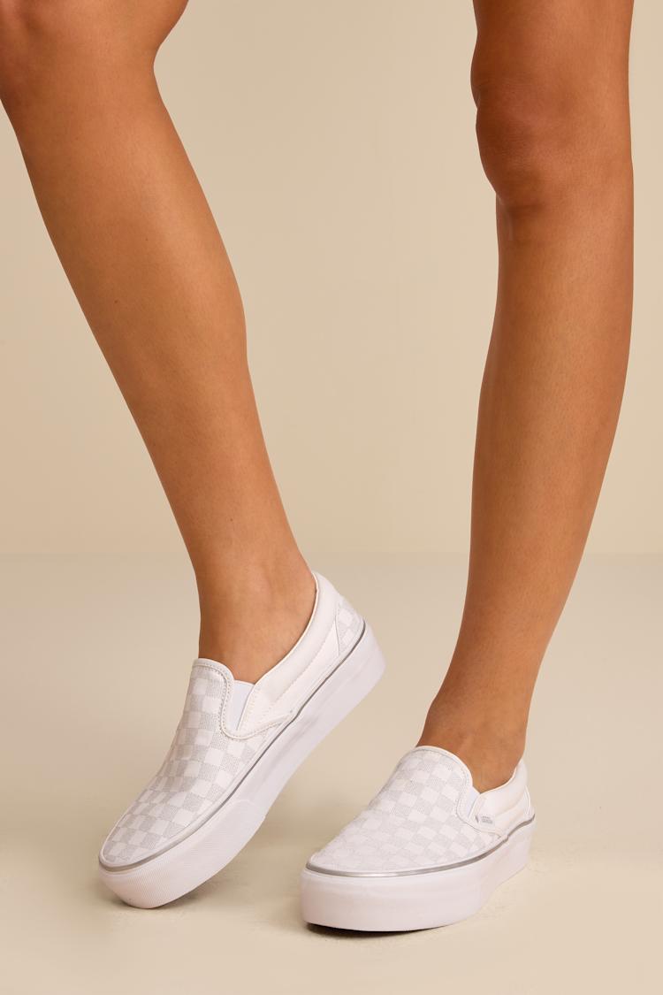 Vans Classic Slip-On Platform Silver Checkerboard Sneakers Lulus