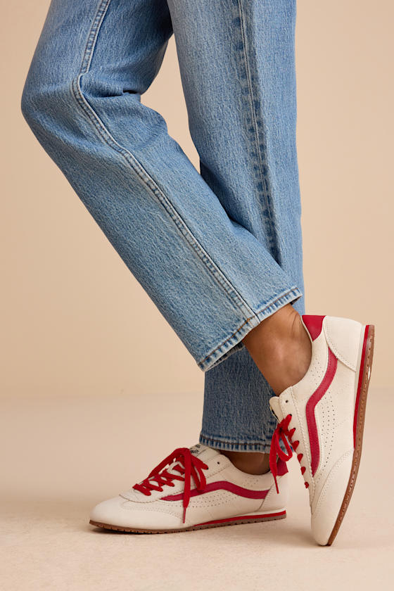 Vans Super Lowpro Marshmallow/Racing Red - Suede Leather Sneakers