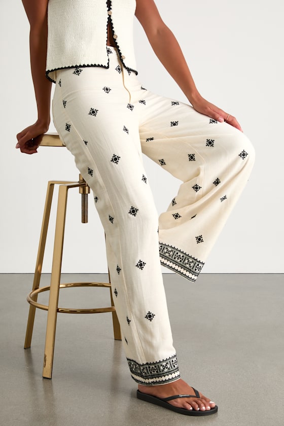 Lulus Elwen Cream And Black Linen Embroidered High-rise Pants In Multi