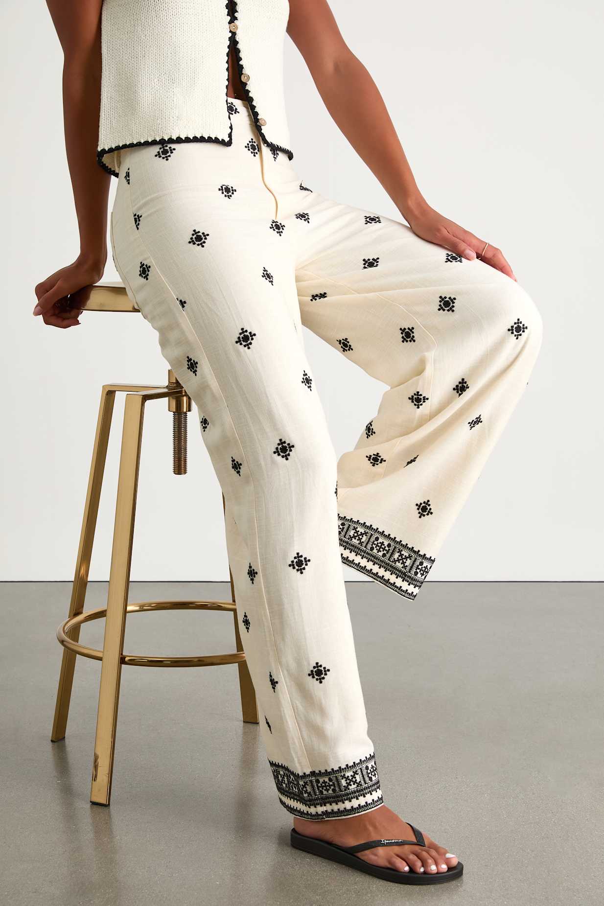 Elwen Cream and Black Linen Embroidered High-Rise Pants