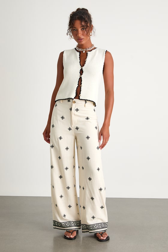 Lulus Elwen Cream And Black Linen Embroidered High-rise Pants In Multi