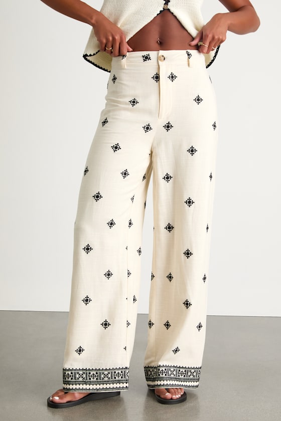 Lulus Elwen Cream And Black Linen Embroidered High-rise Pants In Multi
