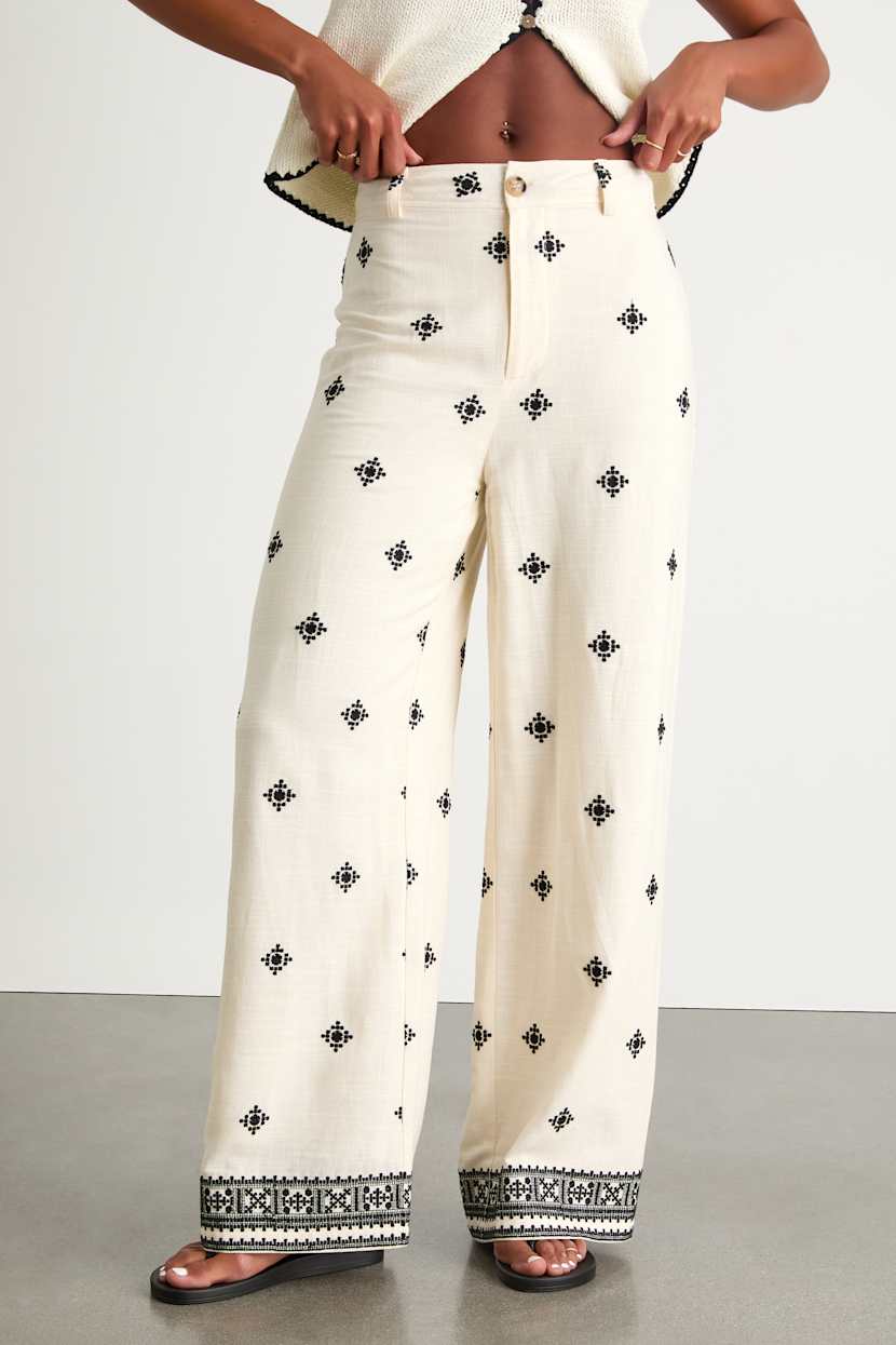 Lulus Elwen Cream And Black Linen Embroidered High-rise Pants White - Size S Cream & Black Embroidered Pants - Linen Pants - High-Rise  main image 3
