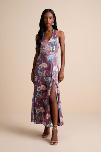 Liviana Dark Purple Floral Halter Maxi Dress 1