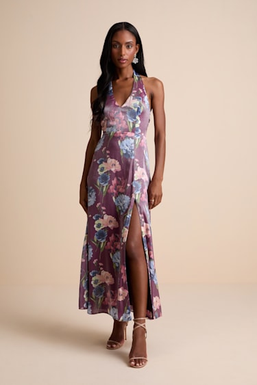 Dark Purple Floral Dress Halter Maxi Dress A-Line Maxi Dress