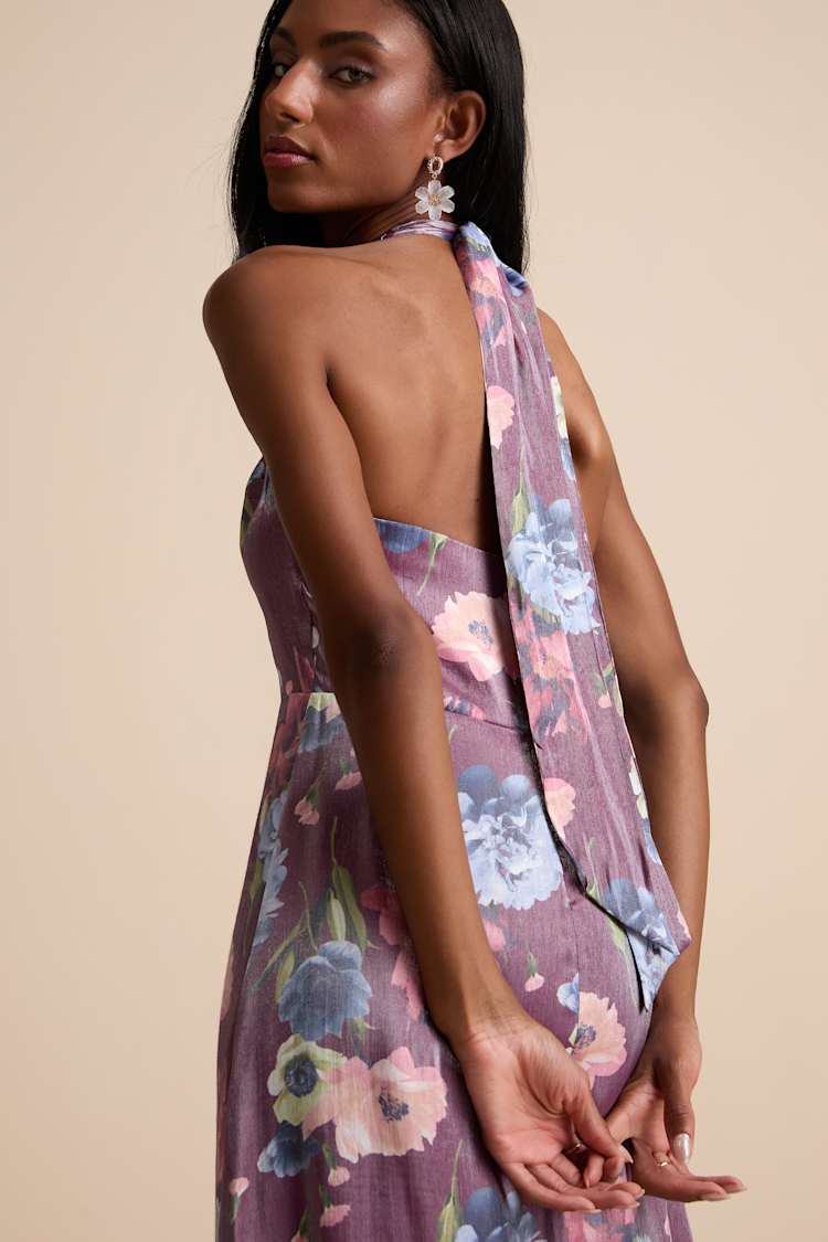 Liviana Dark Purple Floral Halter Maxi Dress