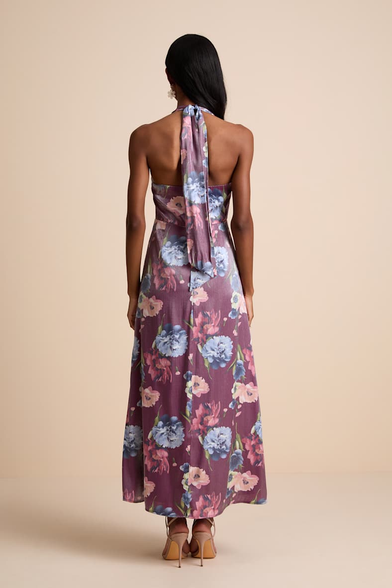 Liviana Dark Purple Floral Halter Maxi Dress