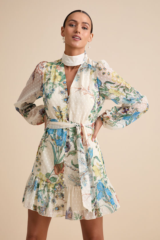 Ivory Floral Dress - Swiss Dot Dress - Balloon Sleeve Mini Dress