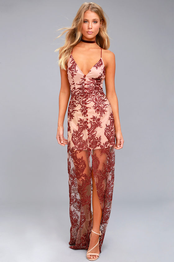 Finders Keepers Spectral Burgundy Lace Maxi Dress 1