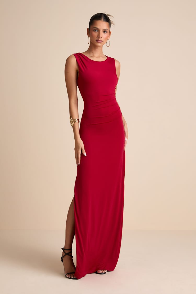 fitted lace wedding dress Terneigh Ribbed-Knit Off-Shoulder Maxi Dress in Brick Red main image 0