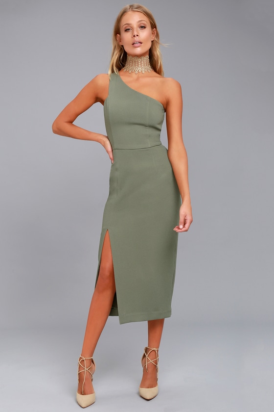 khaki one shoulder dress