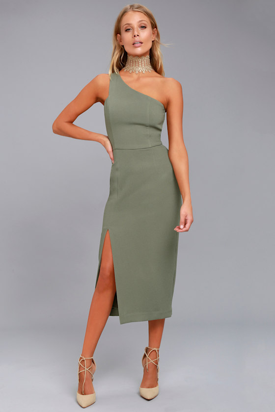 Finders Keepers Haunted Olive Green One-Shoulder Midi Dress 1