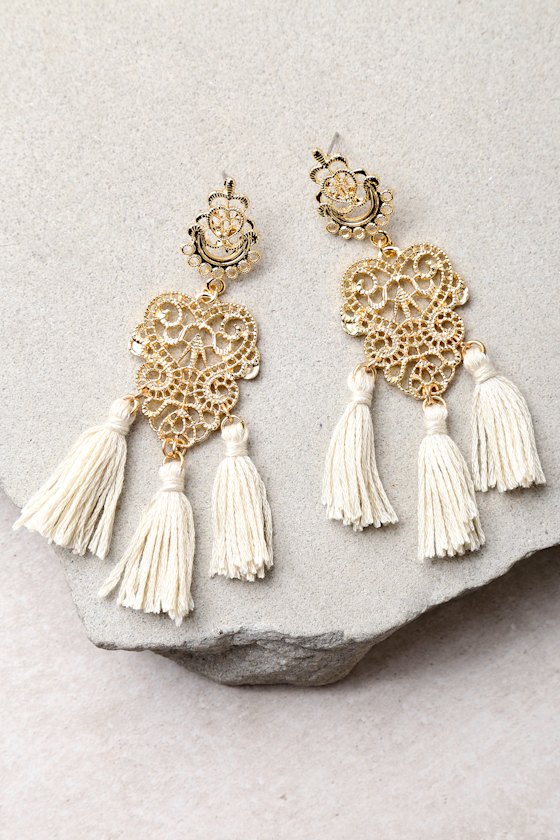 Island Dreams Gold and Ivory Tassel Earrings 1